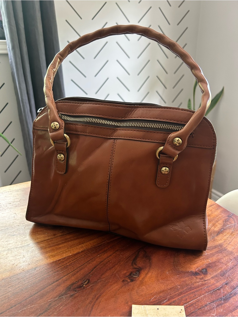 Patricia Nash Calvi satchel in heritage tan leather